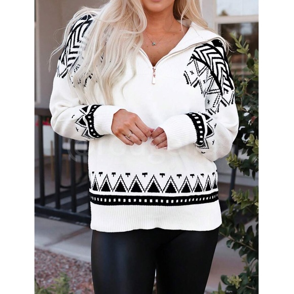 Rouge! Sweaters - Nordic Print White Thick Knit Pullover Sweater Zip Collar